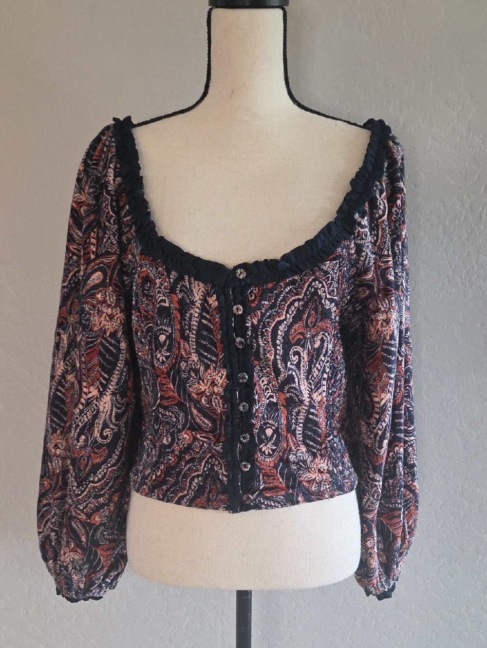 Free People Velvet Paisley Button-Front Cropped Peasant Blouse Size Med NWOT